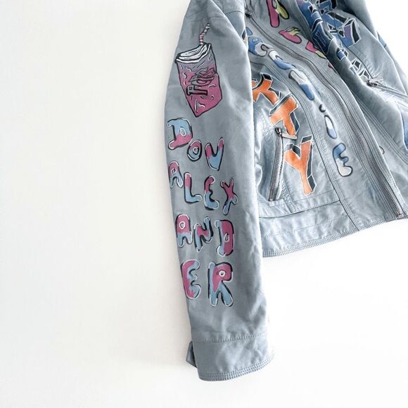 Cleo Womens Riverdale Faux Leather Jacket Full Zip All Over Print Gray Large - Picture 3 of 9